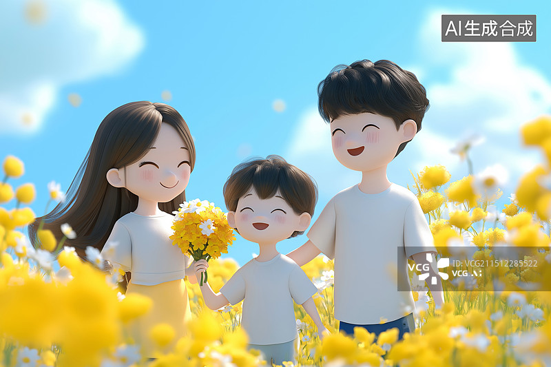 【AI数字艺术】一家人走在花丛中的插画图片素材