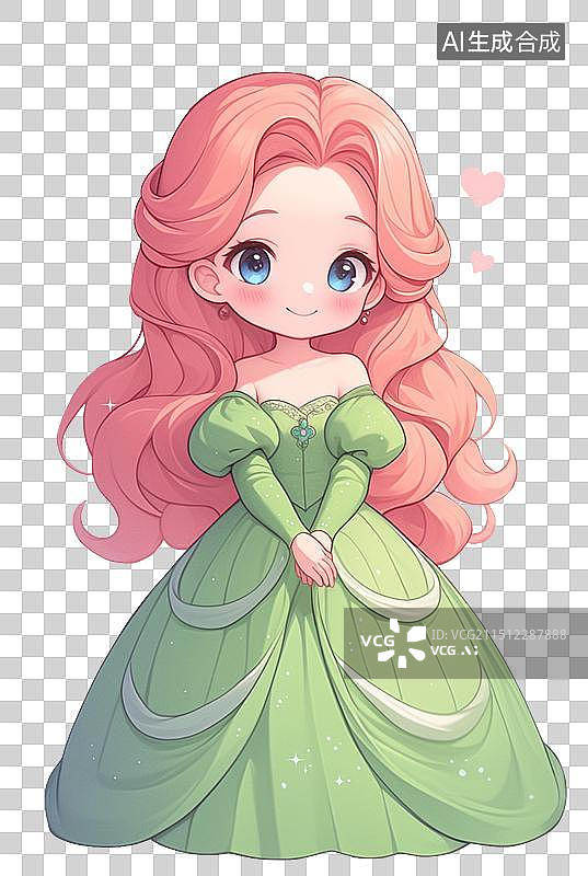【AI数字艺术】美丽卡通Q版公主，绿色公主裙图片素材