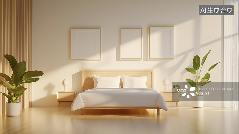【AI数字艺术】现代清醒奶油风格卧室室内设计图片素材