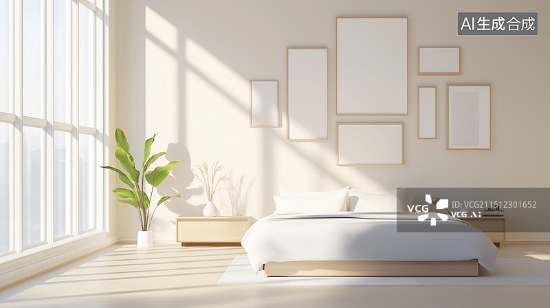 【AI数字艺术】现代清醒奶油风格卧室室内设计图片素材