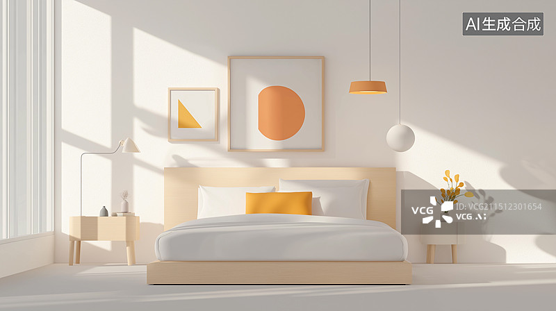 【AI数字艺术】现代清醒奶油风格卧室室内设计图片素材