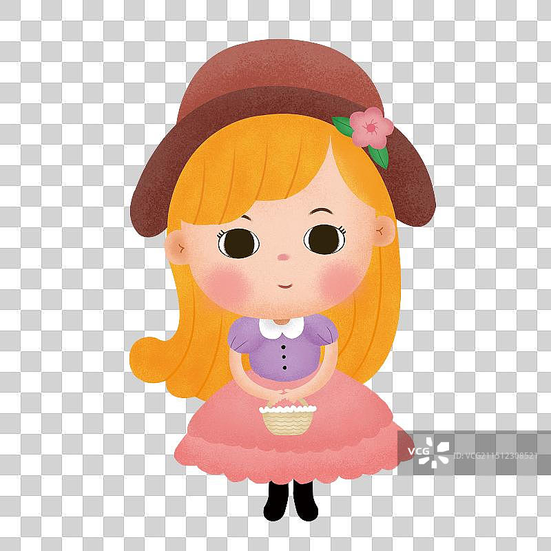 手绘儿童插画提着花篮的小女孩图片素材