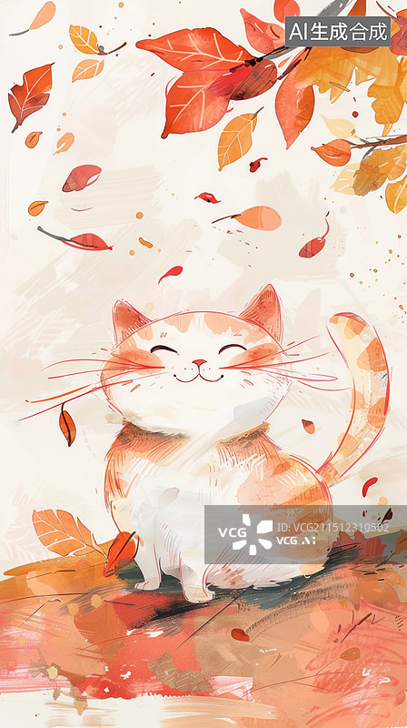 【AI数字艺术】在秋季落叶中的猫咪插画图片素材