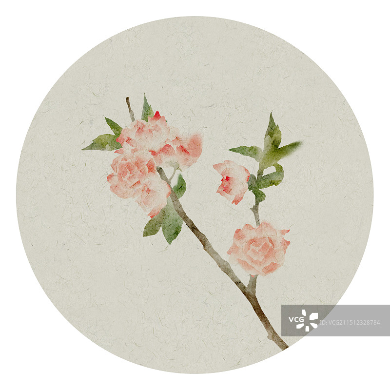 圆形复古中式桃花插画图片素材