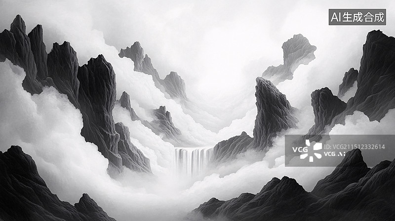 【AI数字艺术】中国风诗意云雾江山唯美风景山水节气插画图片素材