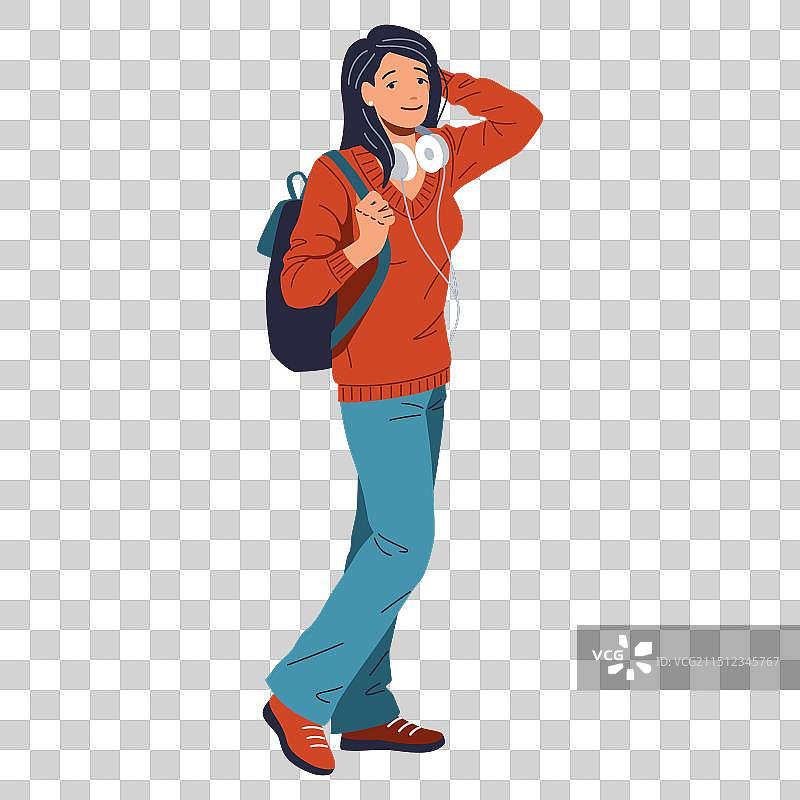 戴耳机和背包的微笑年轻女人图片素材