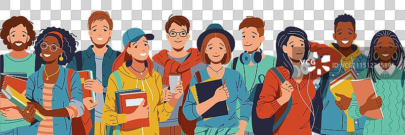 拥抱并合影的不同学生图片素材