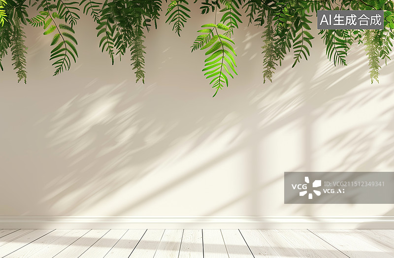 【AI数字艺术】阳光下，绿色植物装饰墙面。适合做家具等大宗商品的产品背景板图片素材