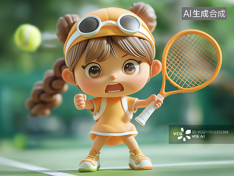 【AI数字艺术】一个3D可爱小女生在打网球图片素材