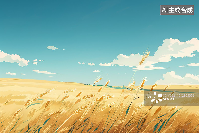 【AI数字艺术】金黄色麦田的手绘风景画图片素材