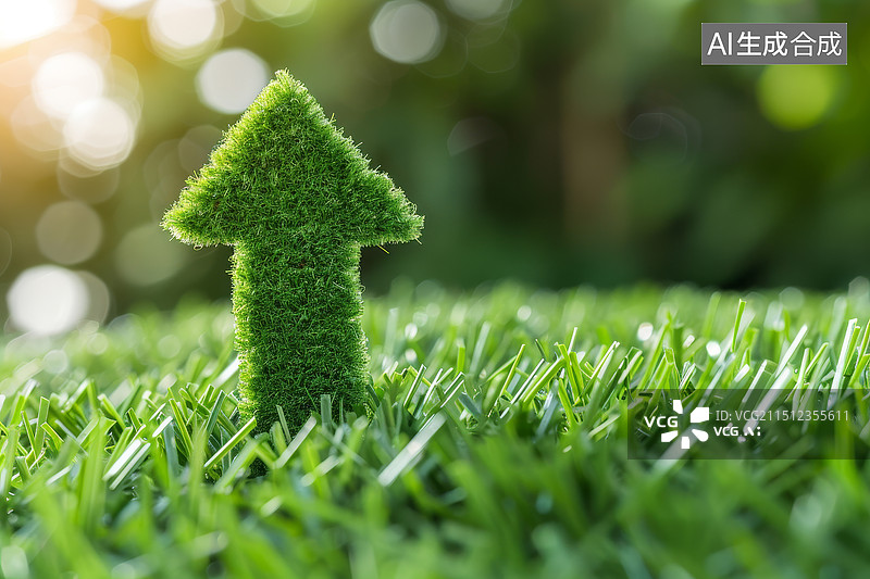 【AI数字艺术】草地上的绿色上升箭头标志图片素材