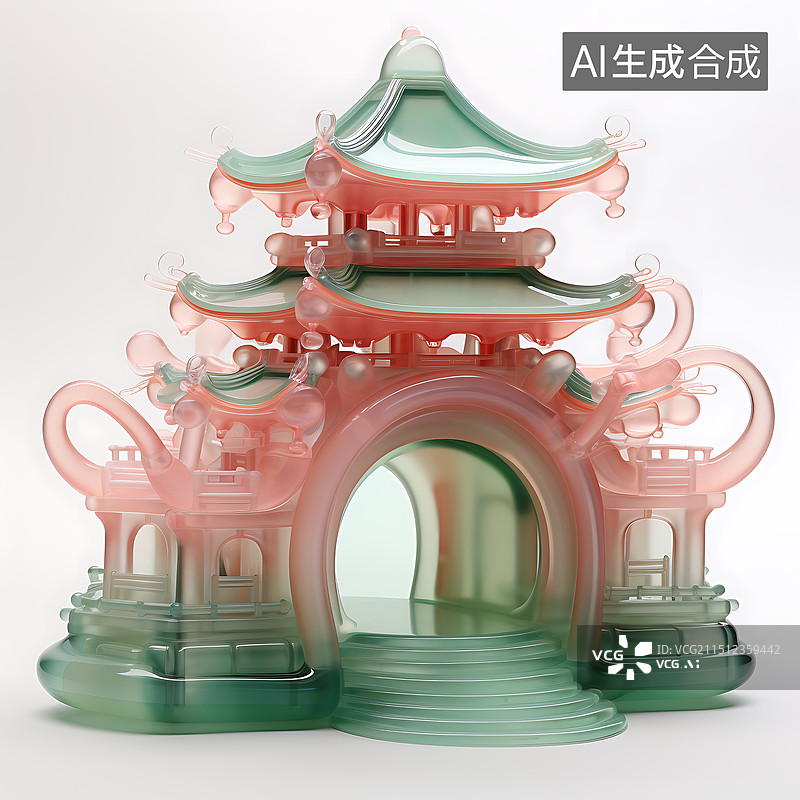 【AI数字艺术】3d透明渐变琉璃质感中式建筑图片素材