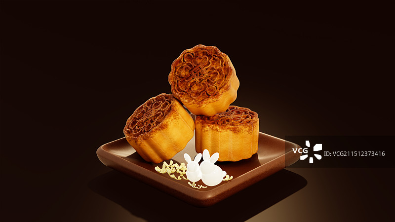 3D渲染深色背景中秋节月饼兔子场景图图片素材