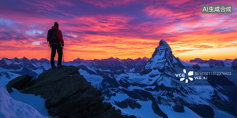 【AI数字艺术】日出时刻登顶成功的男人图片素材