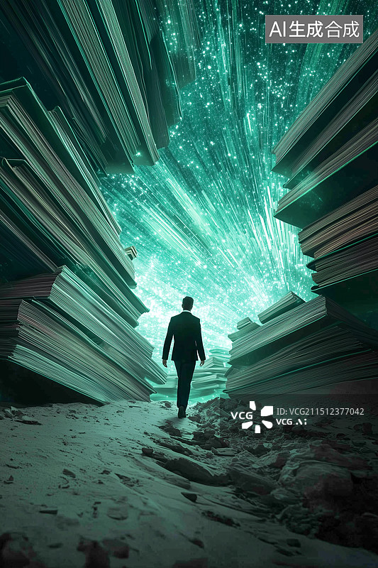 【AI数字艺术】书山有路：书堆中前行的人图片素材