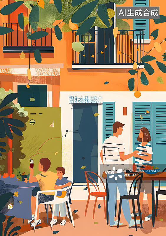 【AI数字艺术】家庭在庭院里聚餐的插画图片素材