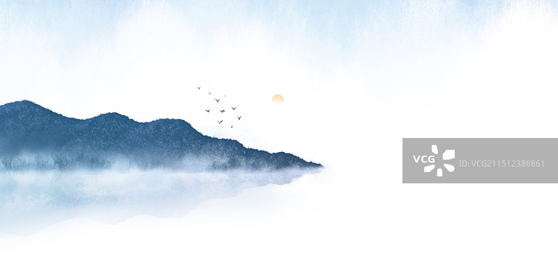 国风古风中式意境水墨山水极简留白手绘插画图片素材