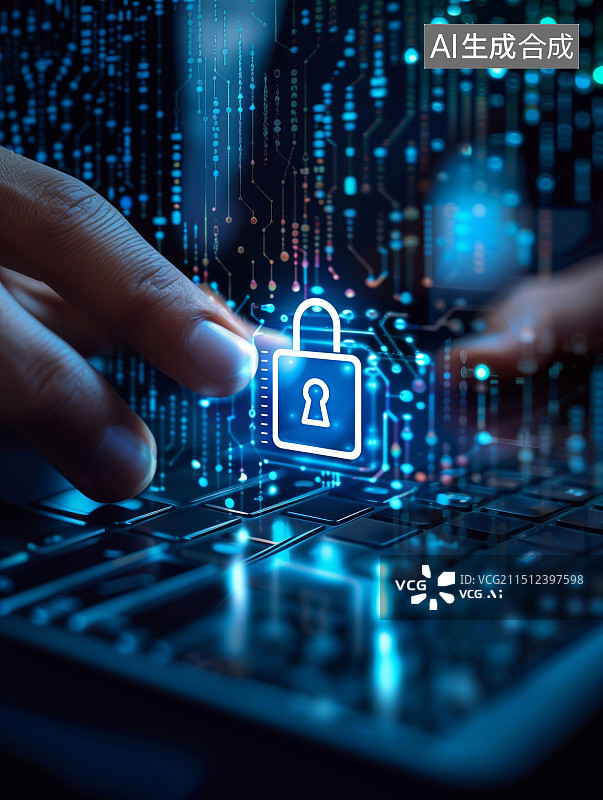 【AI数字艺术】一只手伸出去触摸具有科技感的数字锁安全图标，数字安全、网络安全、信息安全、数据安全概念图片素材