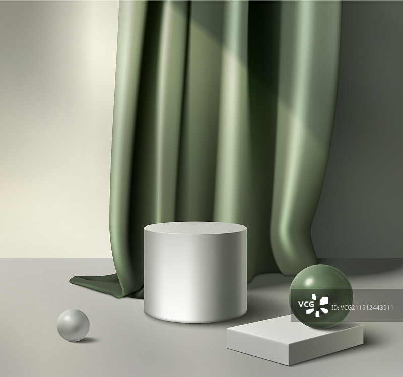 绿色丝绸窗帘圆柱产品领奖台图片素材