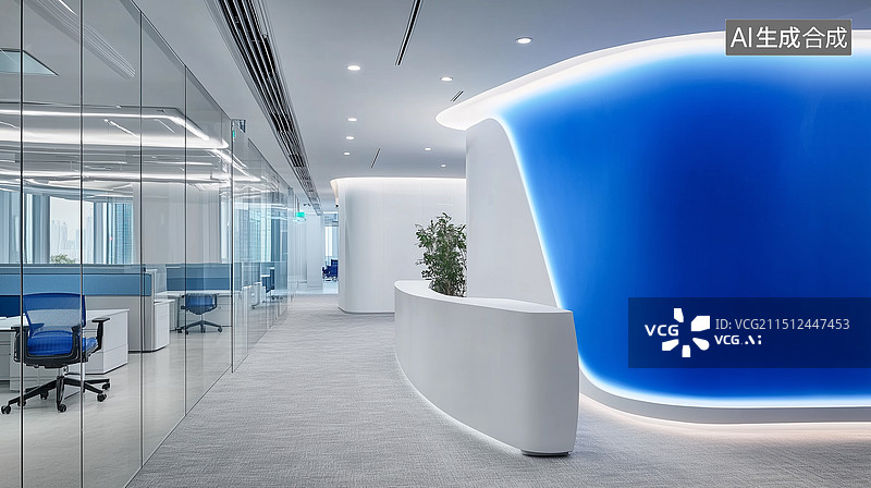 【AI数字艺术】现代蓝色办公室内景图片素材