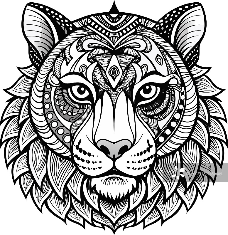 老虎头曼陀罗禅绕画填色页图片素材