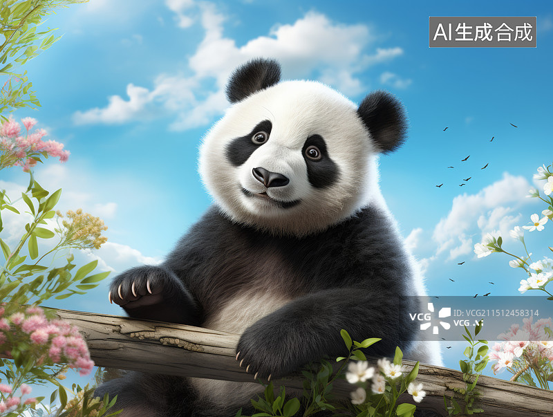 【AI数字艺术】蓝天下的草地上玩耍的国宝熊猫插画图片素材