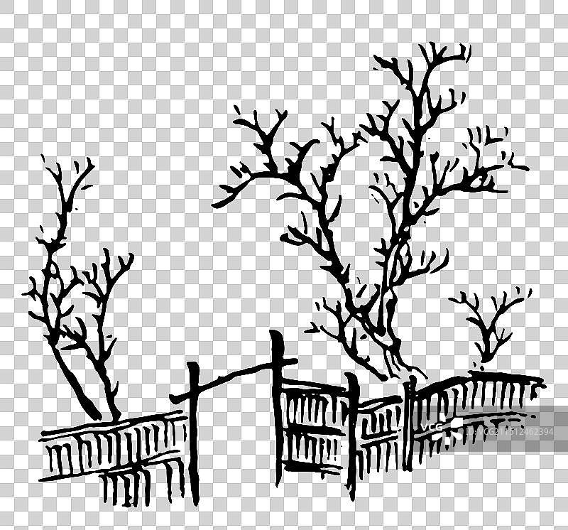树，树枝，门，柴门，古诗，线描，黑白，中国风，古典风格，插画，设计，元素图片素材