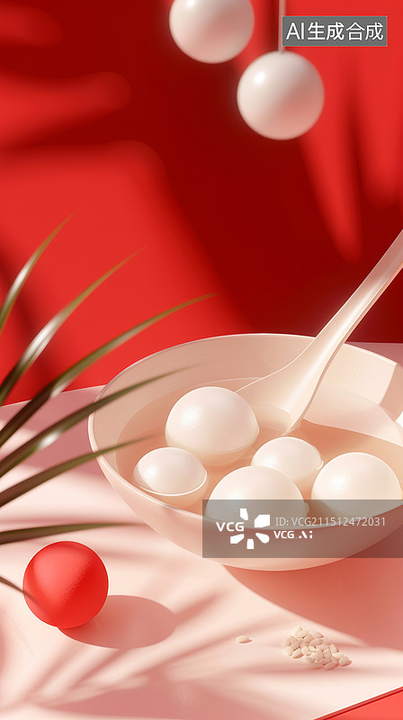 【AI数字艺术】3D渲染勺子展示一碗元宵汤圆的中国红国风新中式植物装饰高级感喜庆元宵节春节海报背景图片素材