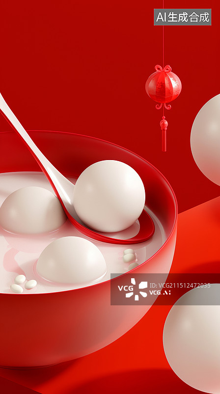 【AI数字艺术】3D渲染勺子展示一碗元宵汤圆的中国红国风喜庆极简元宵节春节海报背景图片素材