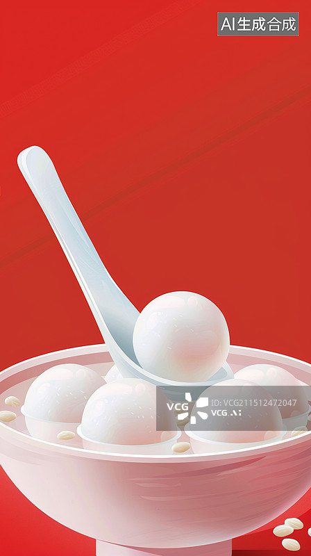 【AI数字艺术】3D渲染勺子展示一碗元宵汤圆的中国红国风喜庆极简元宵节春节海报背景图片素材