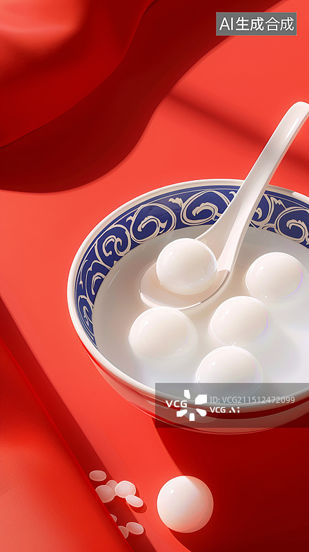 【AI数字艺术】3D渲染勺子展示元宵汤圆在青花瓷碗里的中国红国风喜庆元宵节春节海报背景图片素材