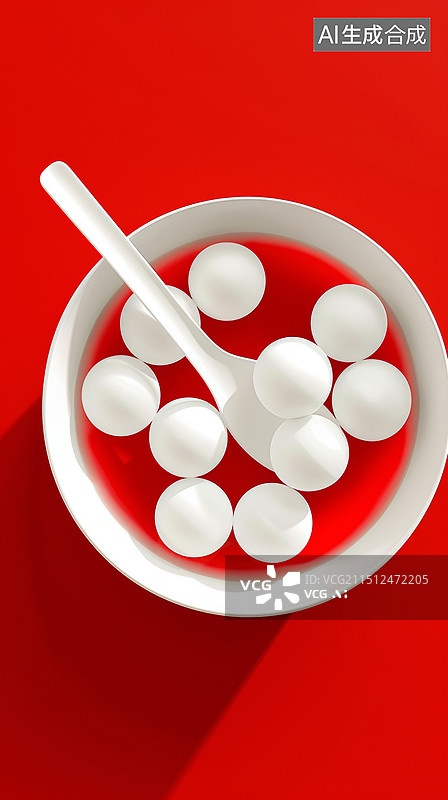 【AI数字艺术】3D渲染勺子展示一碗元宵汤圆的中国红国风喜庆元宵节春节海报背景图片素材