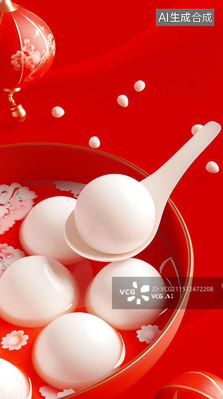 【AI数字艺术】3D渲染勺子展示一碗元宵汤圆带中国元素红灯笼的中国红国潮喜庆元宵节春节海报背景图片素材