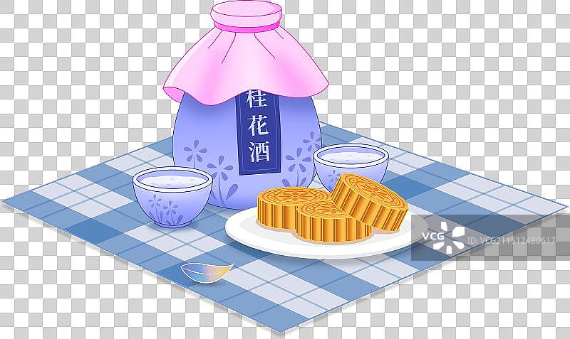 桌布上月饼桂花酒酒杯元素图片素材