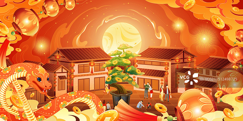 2025年蛇年春节新春中国年场景国潮插画图片素材