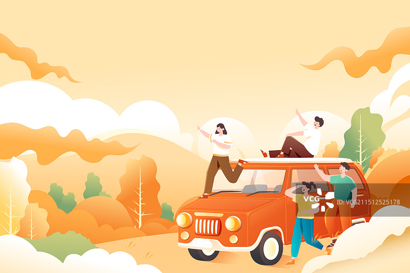 卡通秋季秋天亲子家人情侣学生出游旅行郊游踏秋美食餐饮粮食丰收古建筑风景风光自然景观背景渐变矢量插画图片素材