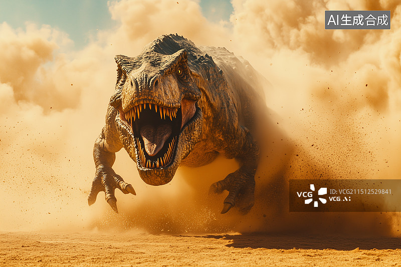 【AI数字艺术】科幻沙漠狂奔的霸王龙恐龙扬起沙尘3D插画图片素材