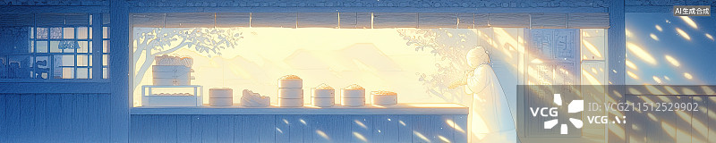 【AI数字艺术】一个店家经营的古香古色的传统美食店铺包子铺，中国风中式古典木制家具竹制卷帘，温馨氛围感绘本插图图片素材