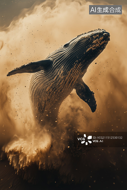 【AI数字艺术】科幻想象创意冲进沙漠扬起沙尘巨大鲸鱼3D图片素材