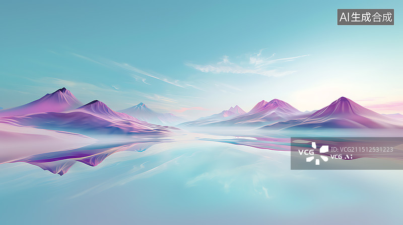 【AI数字艺术】蓝紫色超现实主义湖面上山脉背景图图片素材