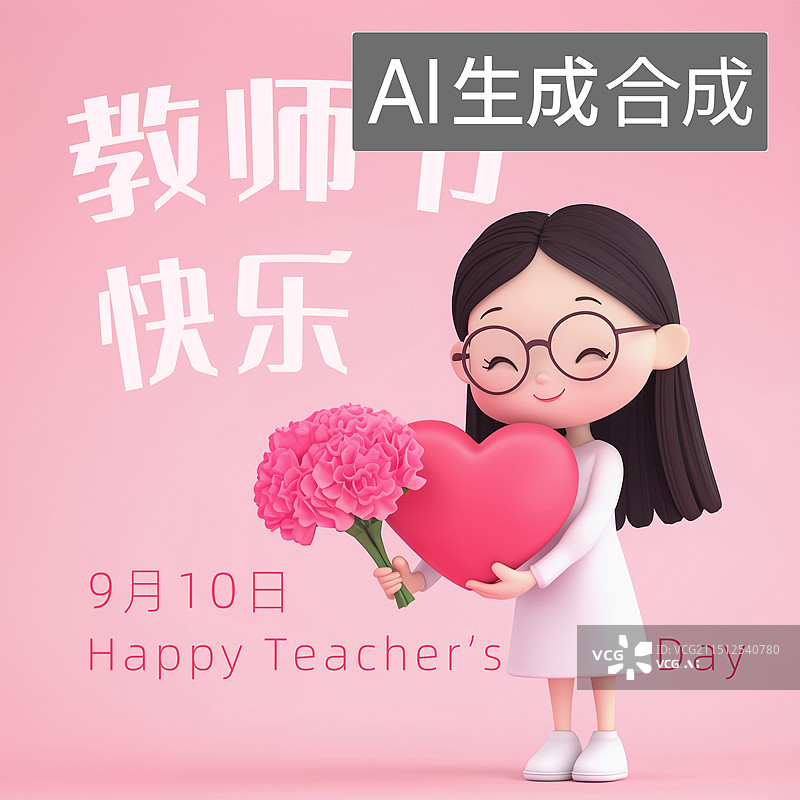 【AI数字艺术】3D立体教师节感恩节妇女节母亲节捧着爱心拿着粉色康乃馨花束的年轻女教师妈妈妇女插画海报模板图片素材