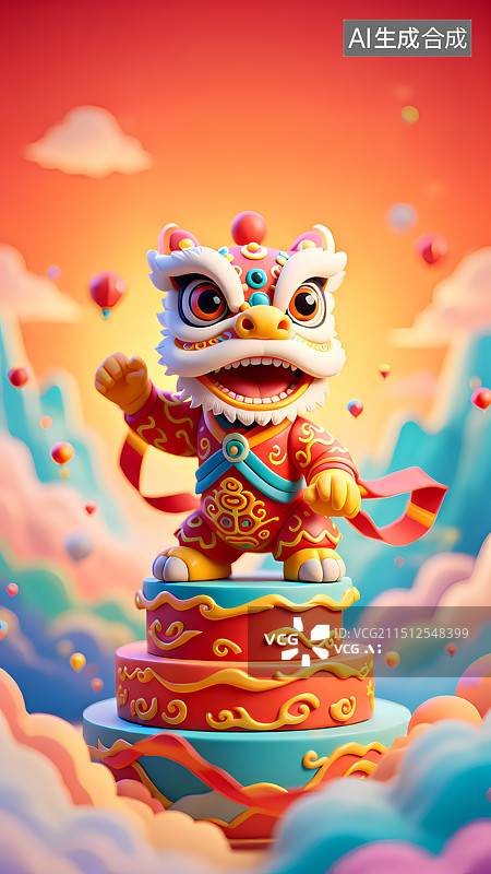 【AI数字艺术】新年舞狮三维插画图片素材