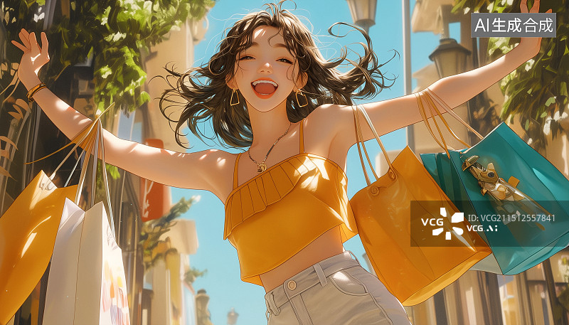 【AI数字艺术】一个漂亮女生提着手提袋开心购物逛街图片素材