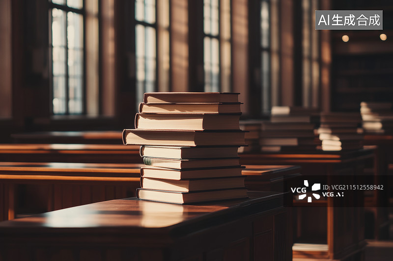 【AI数字艺术】图书馆里叠起来的书图片素材