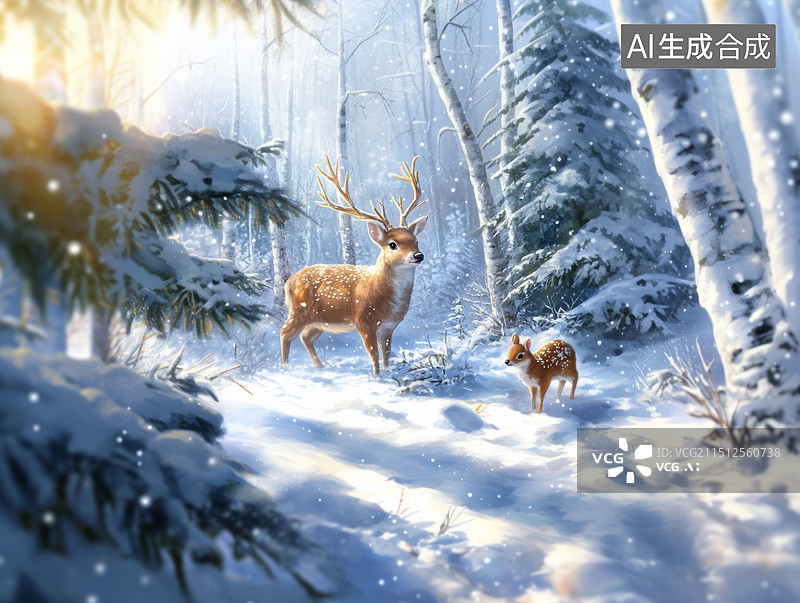 【AI数字艺术】冬天森林自可爱的小鹿图片素材