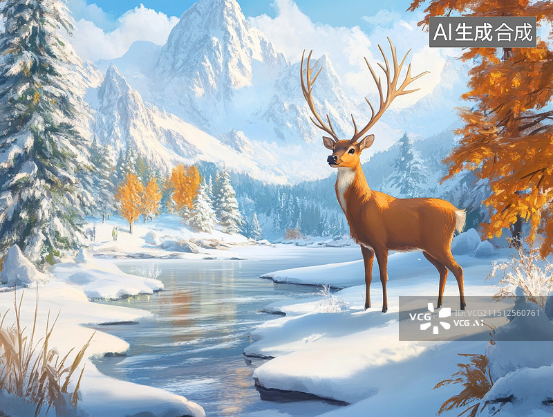 【AI数字艺术】冬天森林自可爱的小鹿图片素材