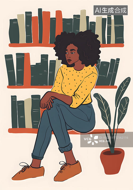 【AI数字艺术】黑人女子坐在书架上读书图片素材