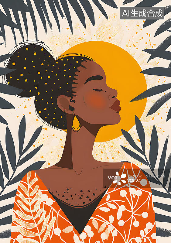 【AI数字艺术】闭眼的黑人女性，阳光和棕榈叶环绕图片素材