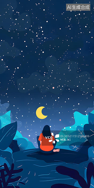【AI数字艺术】女孩坐在山顶仰望星空 月亮星辰 夜晚图片素材