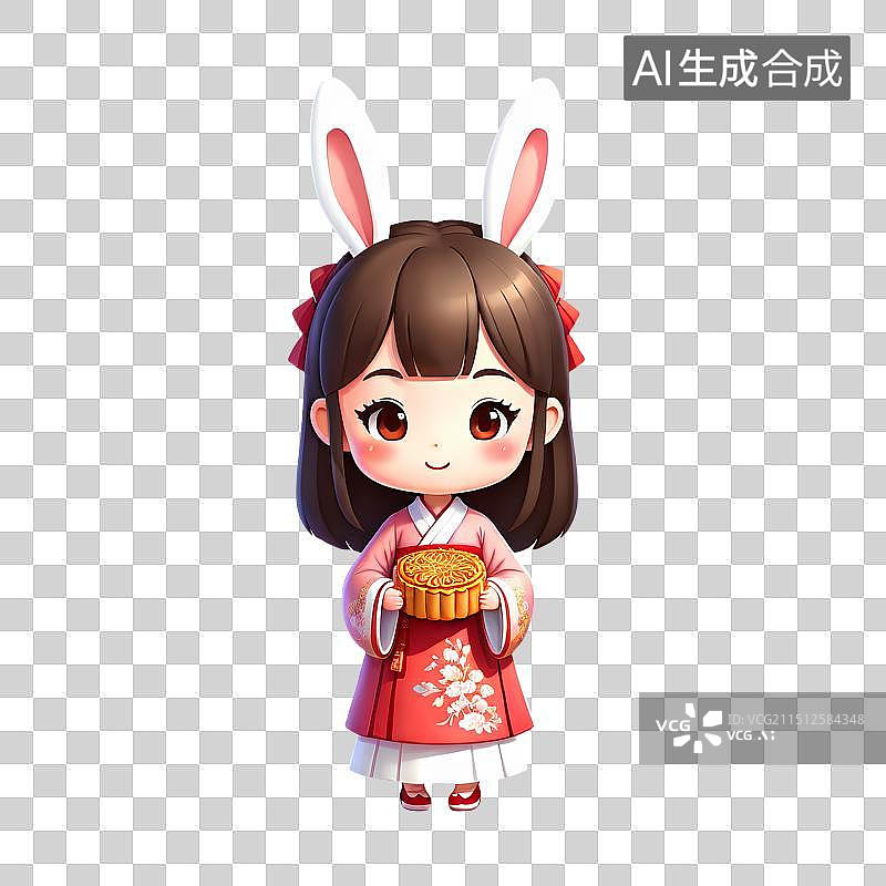 【AI数字艺术】3D渲染古风Q版人物，玉兔拟人，兔耳朵少女，汉服，古装，传统服饰，中秋节，传统节日图片素材